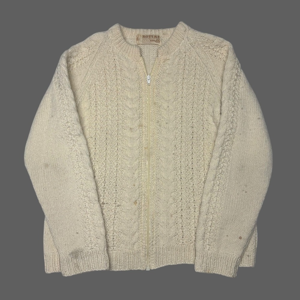 Kotuku Vintage Hand Knitted Wool Zip Cardigan Cream Cable Knit New Zealand Men